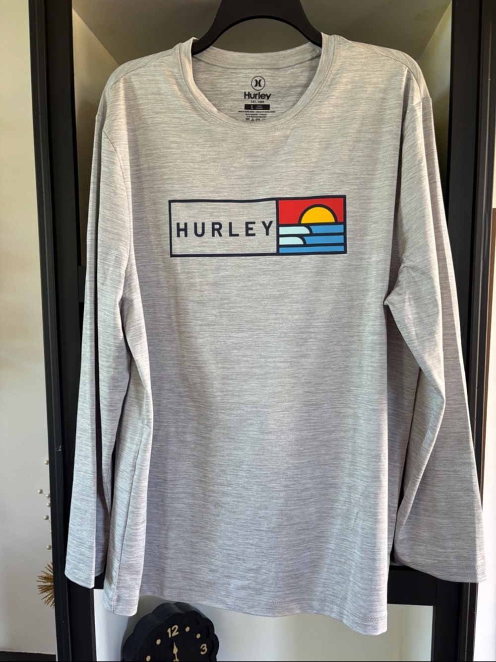 Hurley Heather Gray Long Sleeve Tee with Sunset Graphic